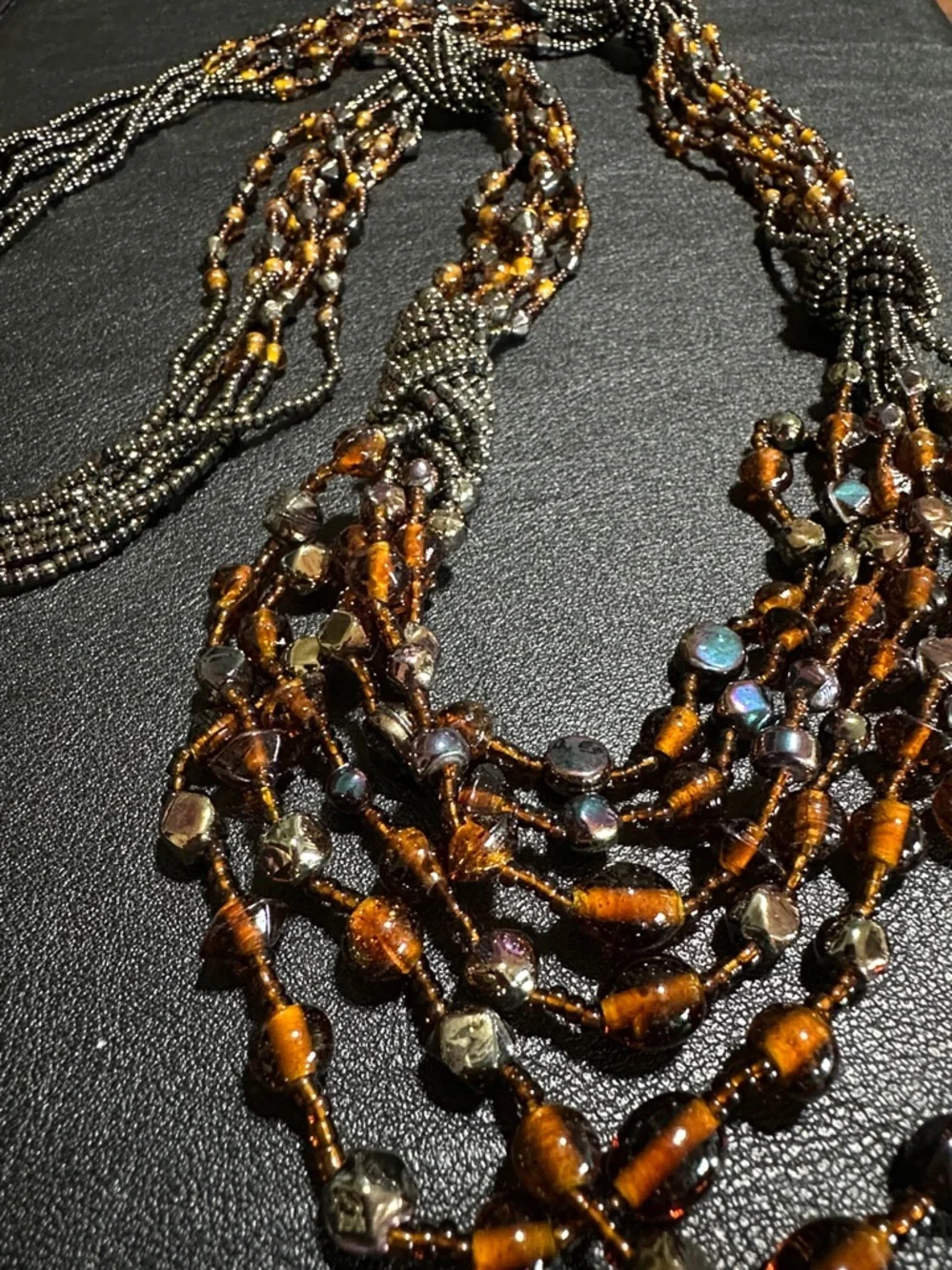 Multi-Strand Torsade Style Glass Brown, Amber & Iridescent Bead Necklace